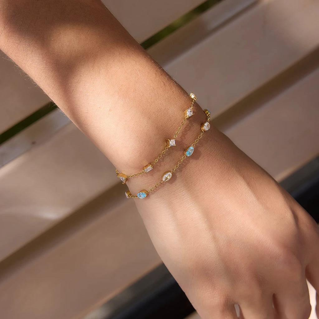 KIKA Delicate White Blue Geometric Droplet Shaped Zircon Bracelet PVD Gold Plated Stainless Steel 316L