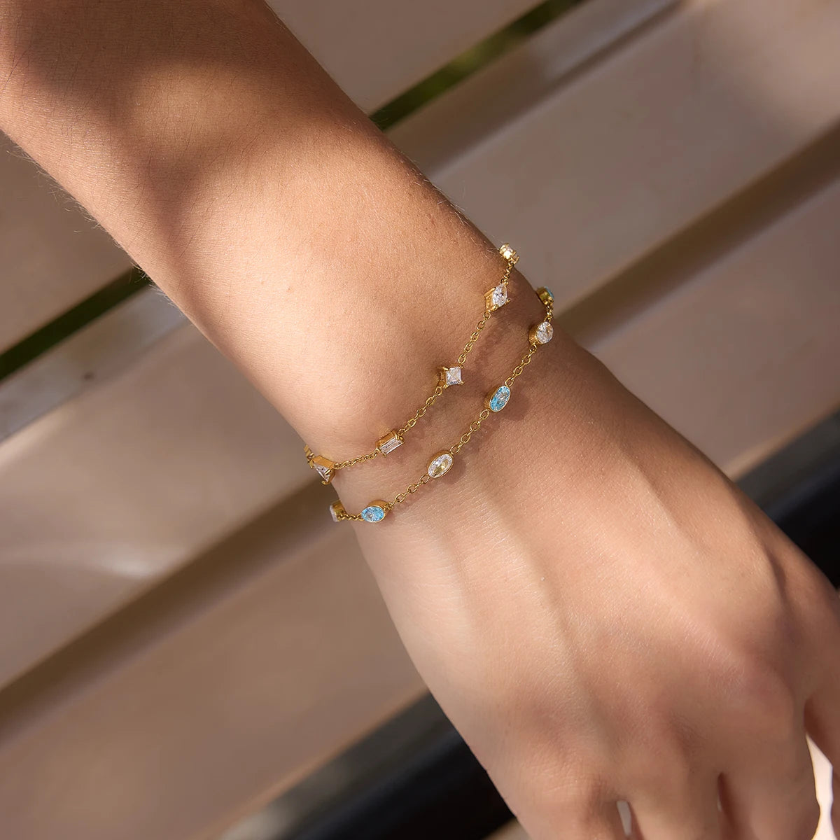 KIKA Delicate White Blue Geometric Droplet Shaped Zircon Bracelet PVD Gold Plated Stainless Steel 316L