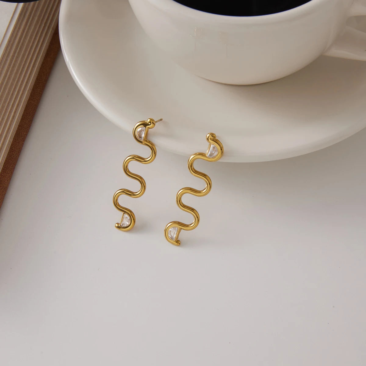KIKA Delicate Zircon Wave Shape Long Stud Earrings  PVD Plated Stainless Steel 316L