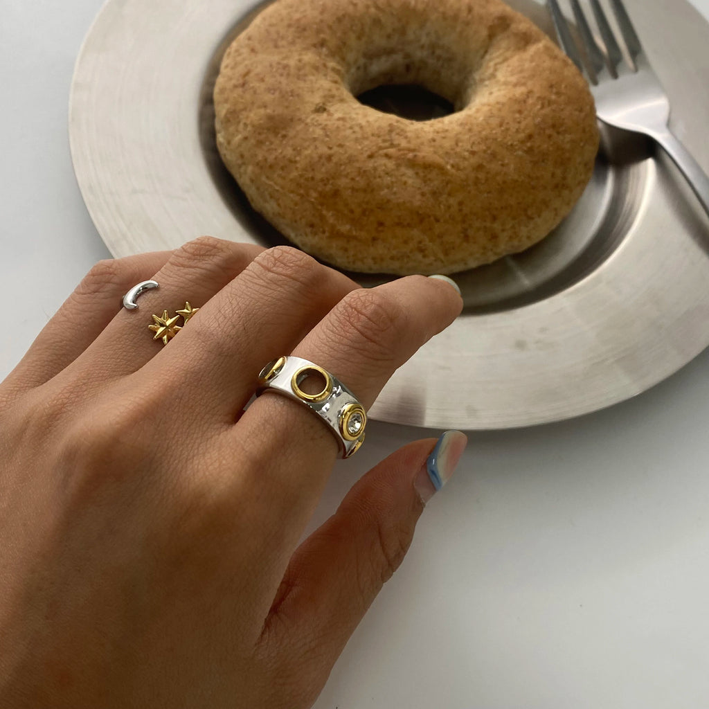 Kika Minimalist 18K Gold Color Plated Stainless Steel Two tone Zircon Ring Round Hollow Stackable Ring Women's Jewelry
