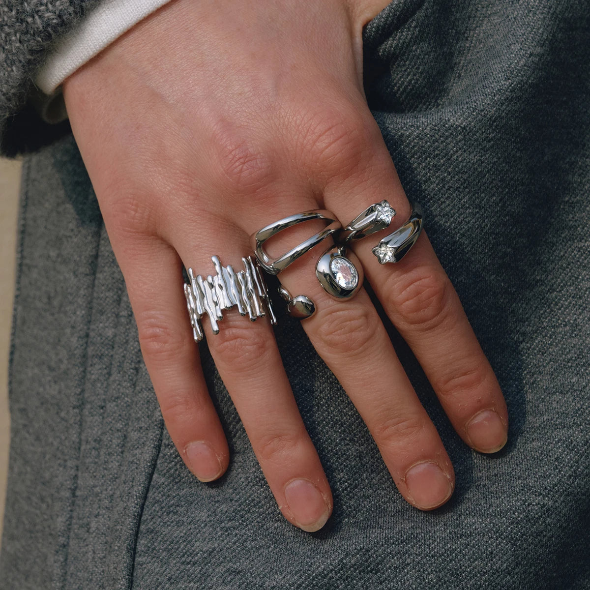 Kika Geometry Steel-Colored Open Ring With Zircon