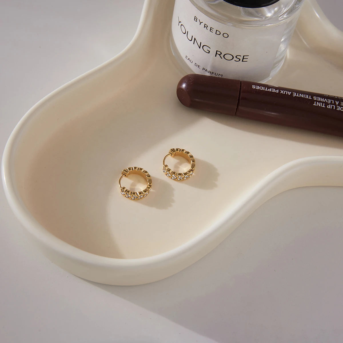 KIKA Classic PVD Plated Gold Color White Rhinestone Heart-Shaped Hoop Earring  Stainless Steel 316L Waterproof
