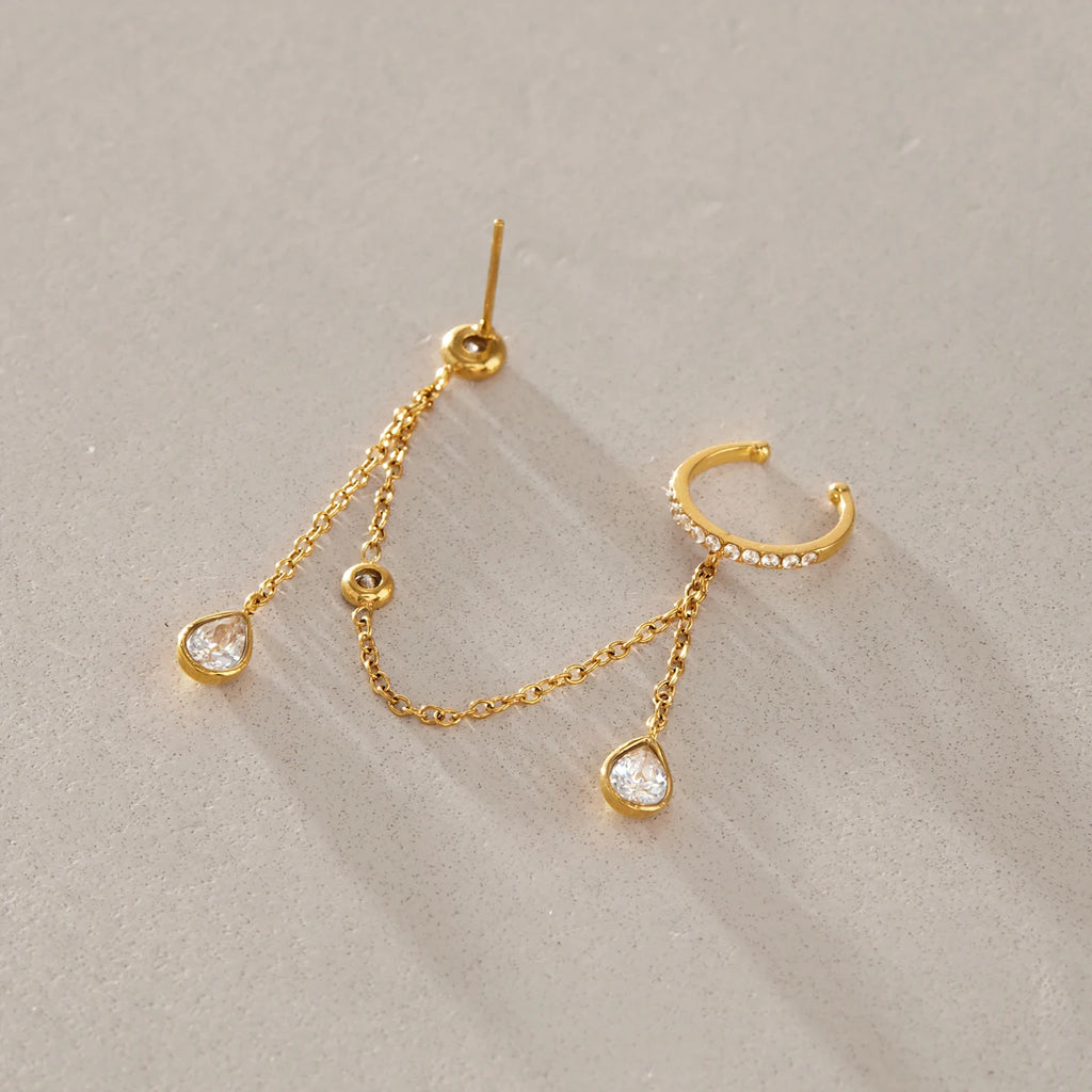 Kika 1 PC Delicate Zircon Chains Tassel Earring Gold PVD Plated Stainless Steel 316L