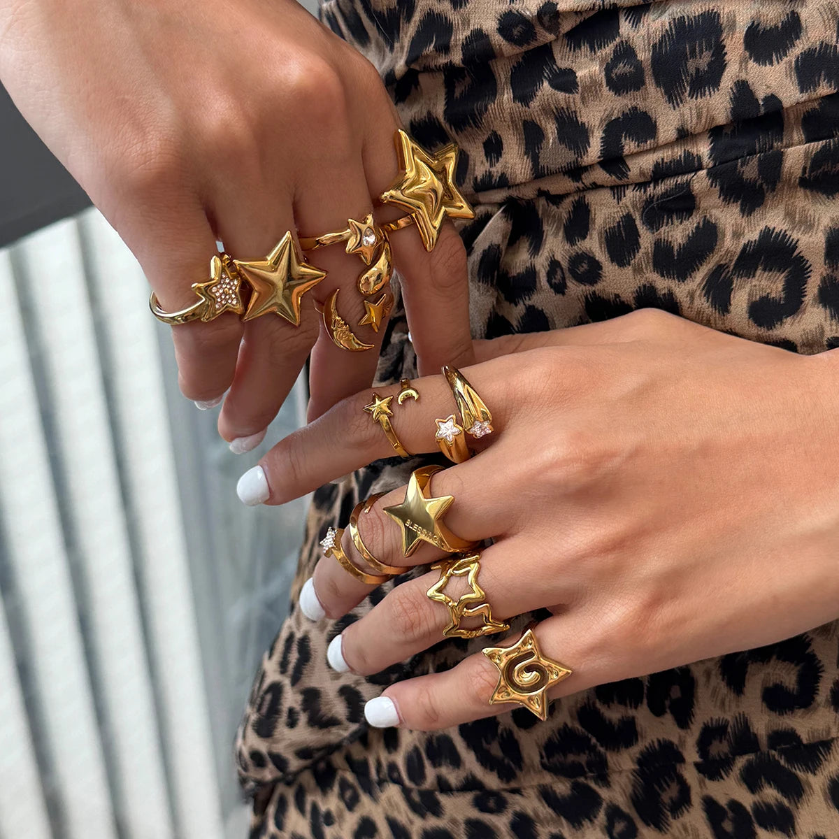 KIKA Unique Designer 18K Gold Color PVD  Plated Stainless Steel 316L Rhinestone Pentagram Rings Stackable