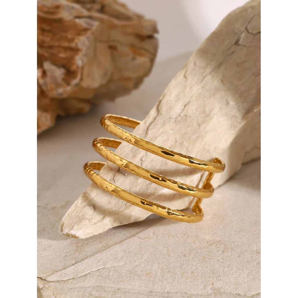 KIKA Stainless Steel Statement Gold Color Cuff Bracelet Bangle Metal Texture Multi-Layer Temperament Waterproof Jewelry