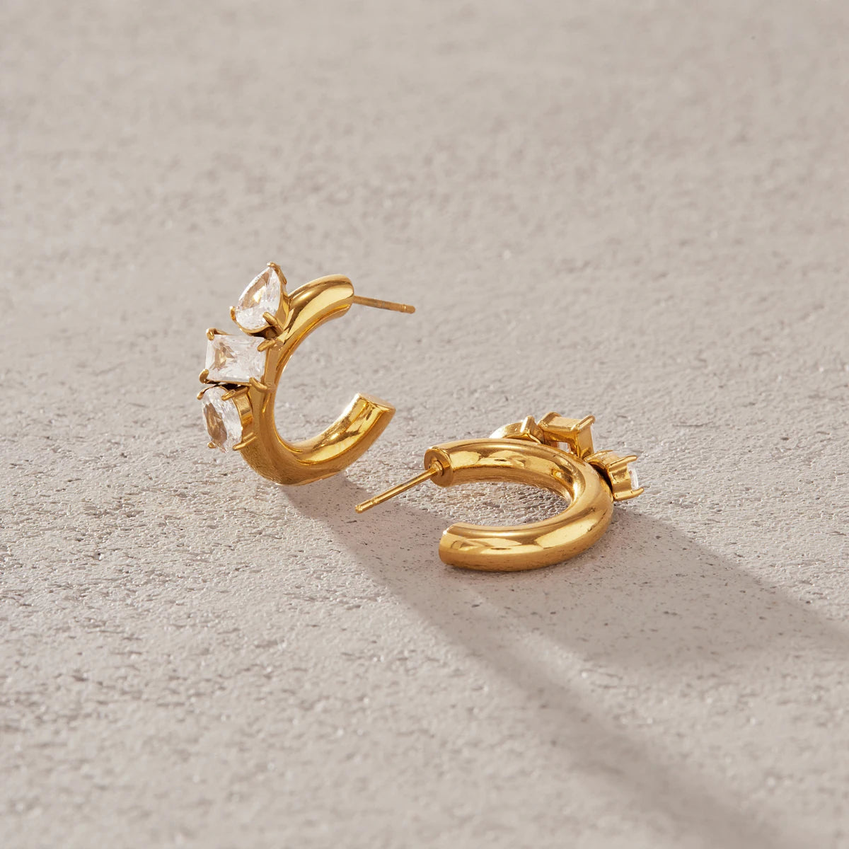 KIKA Geometric Zircon C Shape Stud Earrings 18K Gold PVD Plated Stainless Steel 316L