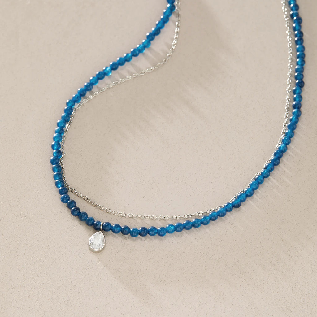 KIKA Water Drop Zircon Pendant Blue Natural Stone Bead Necklace  Delicate Stainless Steel 316L
