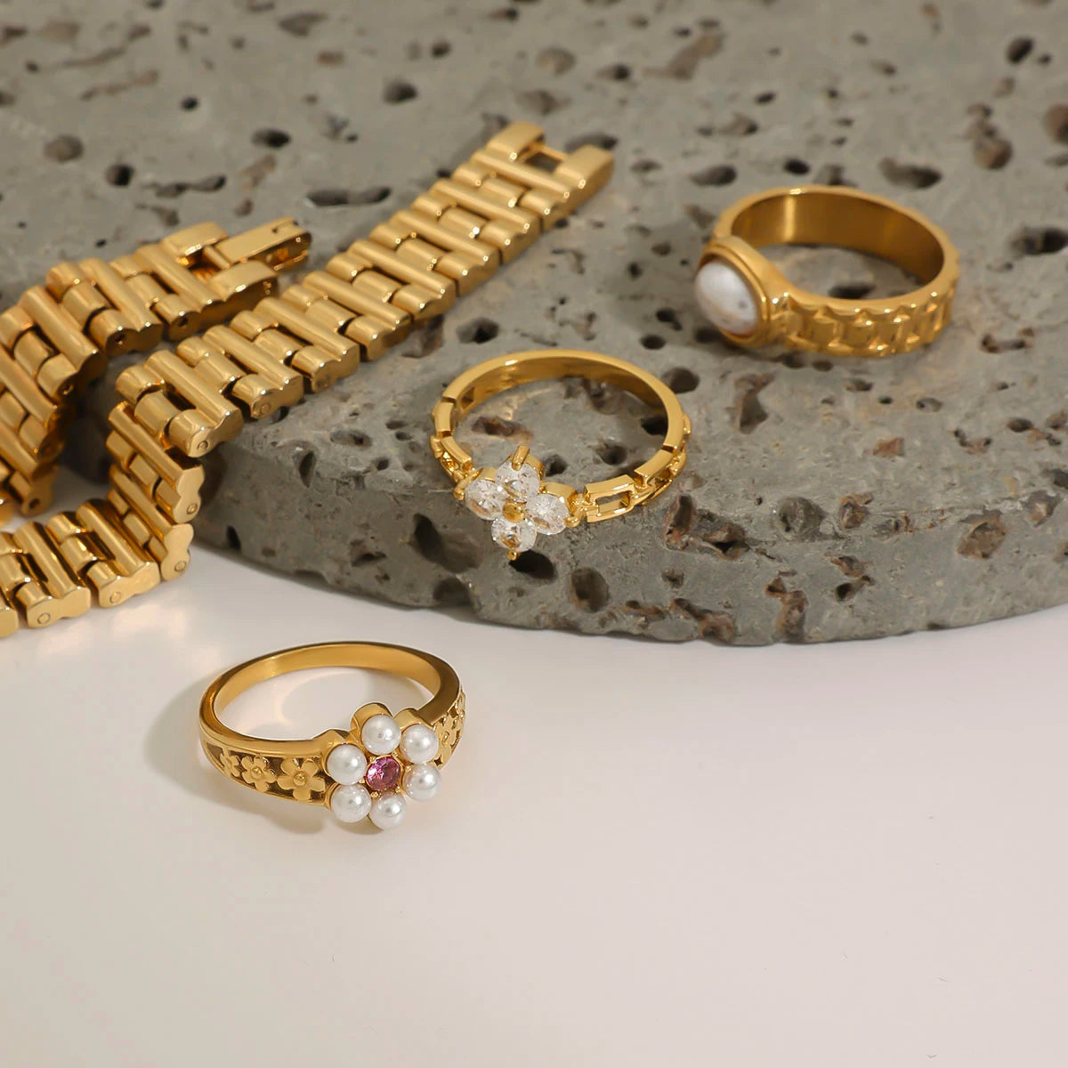 Kika Minimalist Geometric Watch Ring 18K Gold Color Plated Stainless Steel Texture Strap Ring