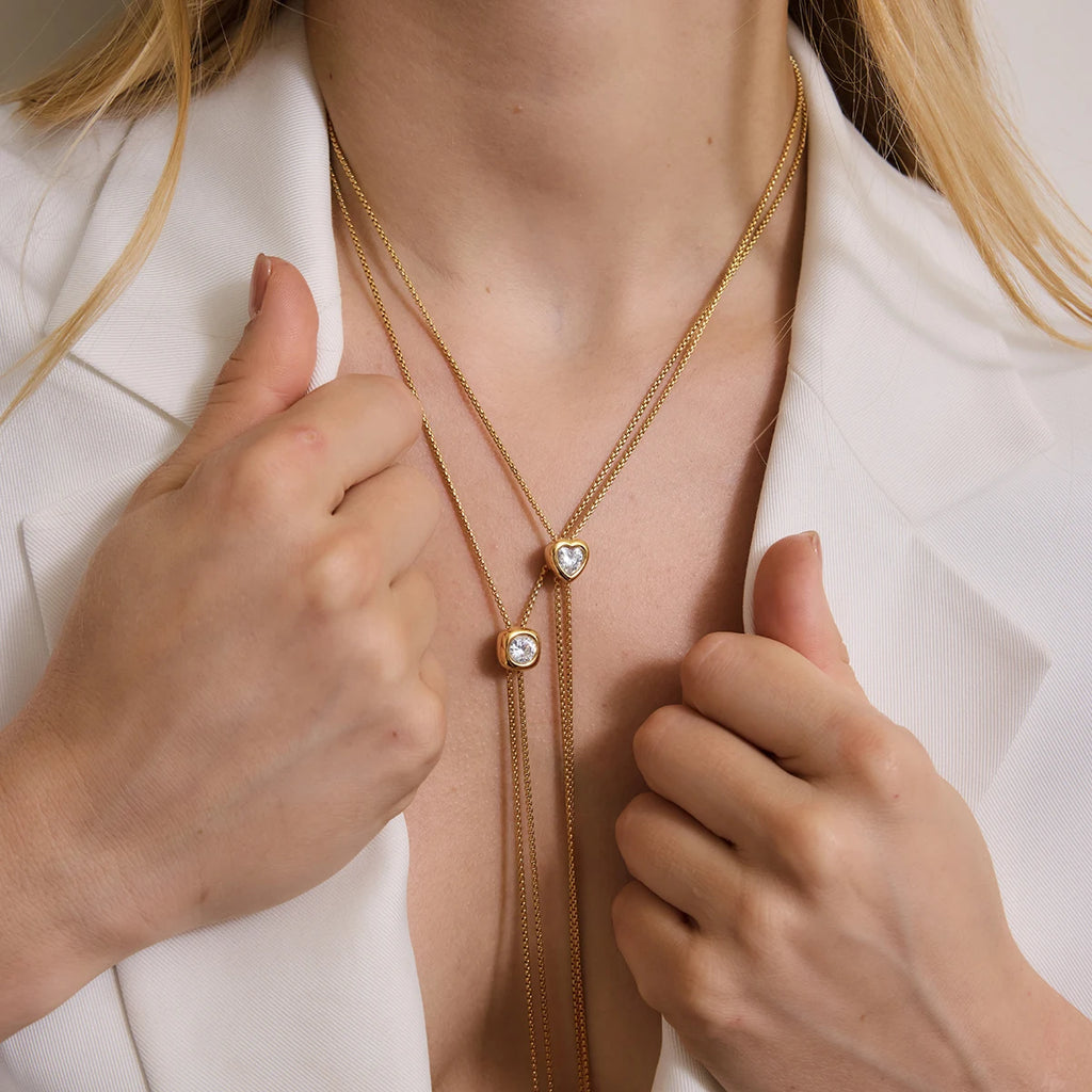 KIKA Geometric Zircon Pendant Necklace  Adjustable 80cm Long Chain 18K Gold PVD Plated Stainless Steel 316L