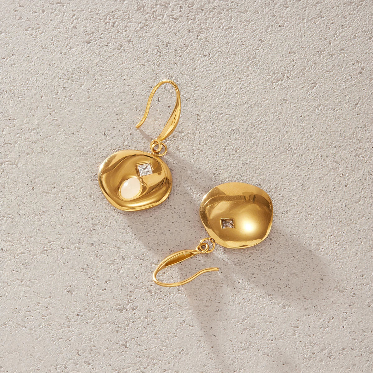 KIKA Natural Stone Zircon Coin Drop Earrings  PVD Plated Stainless Steel 316L