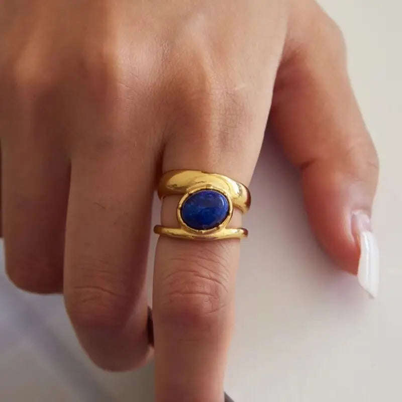 KIKA Vintage Lapis Lazuli Natural Stone Open Rings For Women Classic 18K Gold PVD Plated Stainless Steel Rings Fashion Jewelry