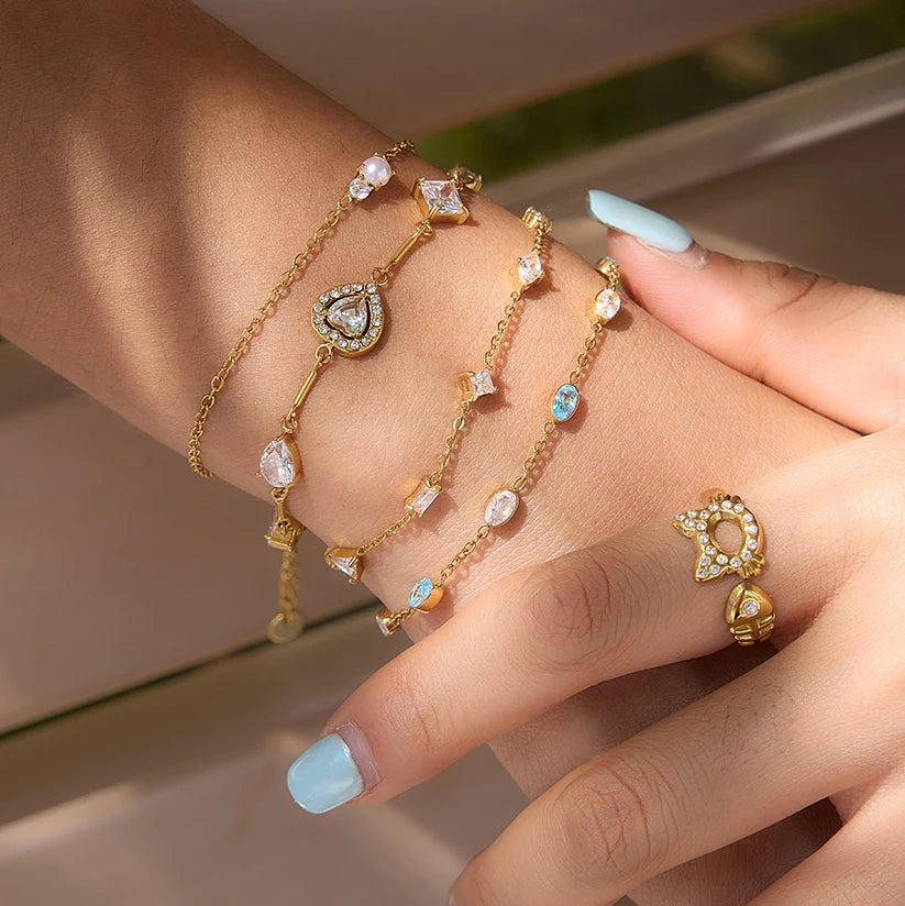 KIKA Delicate White Blue Geometric Droplet Shaped Zircon Bracelet PVD Gold Plated Stainless Steel 316L