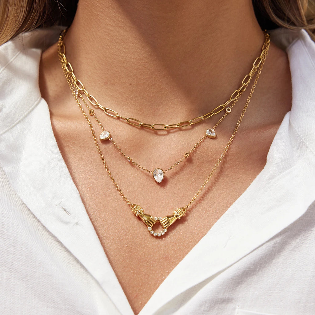 kika White Rhinestone Friendship Hand Shape Round Hollow Out Necklace