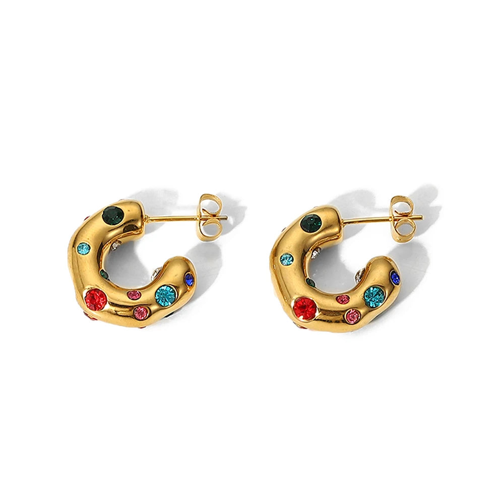 KIKA Shaped Hammer Shiny Zircon CC Shape Hoop Earrings For Women 18K Gold PVD Plated Stainless Steel 316L