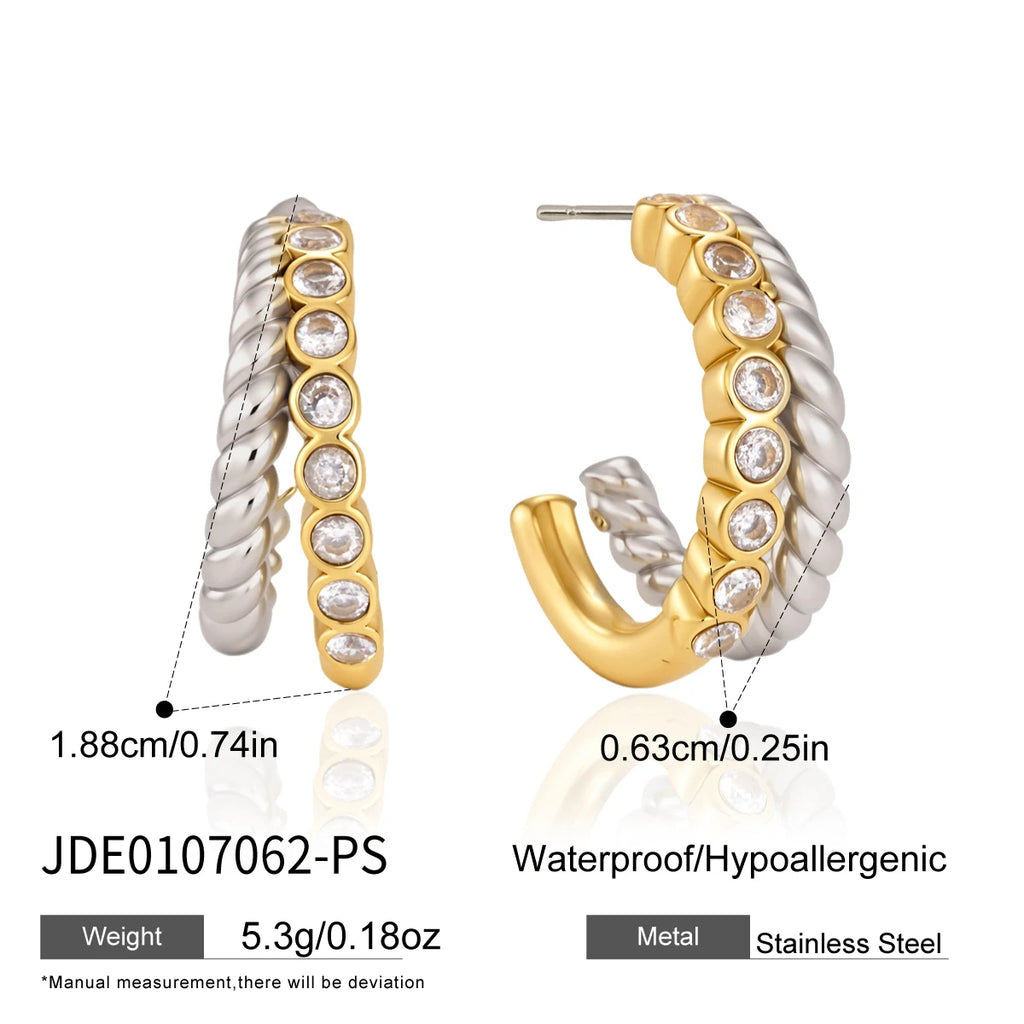 KIKA Delicate Zircon Mixed Color C Shape Stud Earrings For Women 18K Gold PVD Plated Stainless Steel 316L