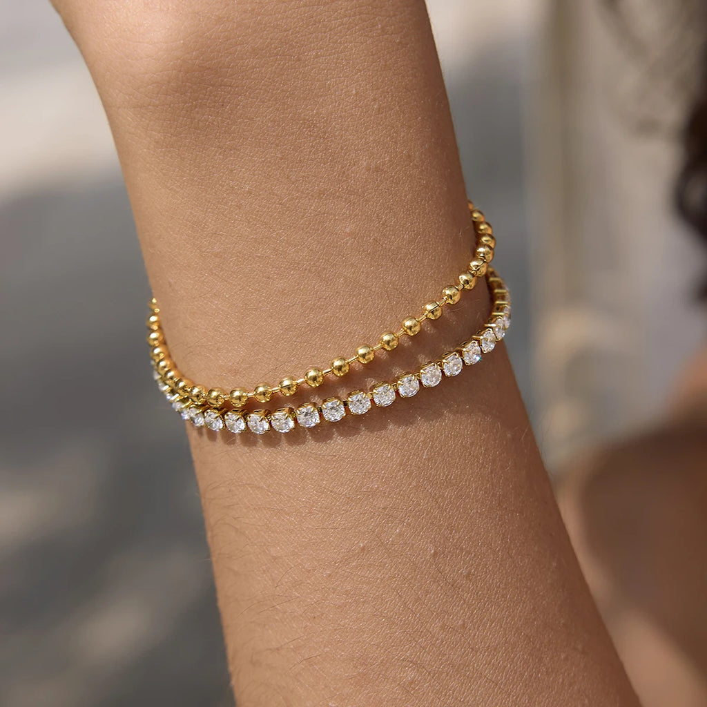 Kika Delicate White Zircon Chain With Gold Color Bead Chain Double-Layer Bracelet