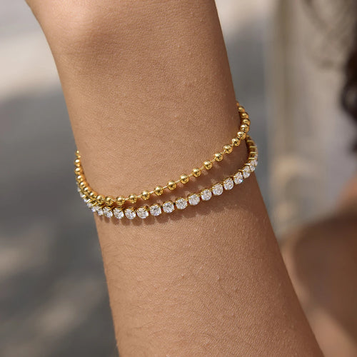 Kika Delicate White Zircon Chain With Gold Color Bead Chain Double-Layer Bracelet