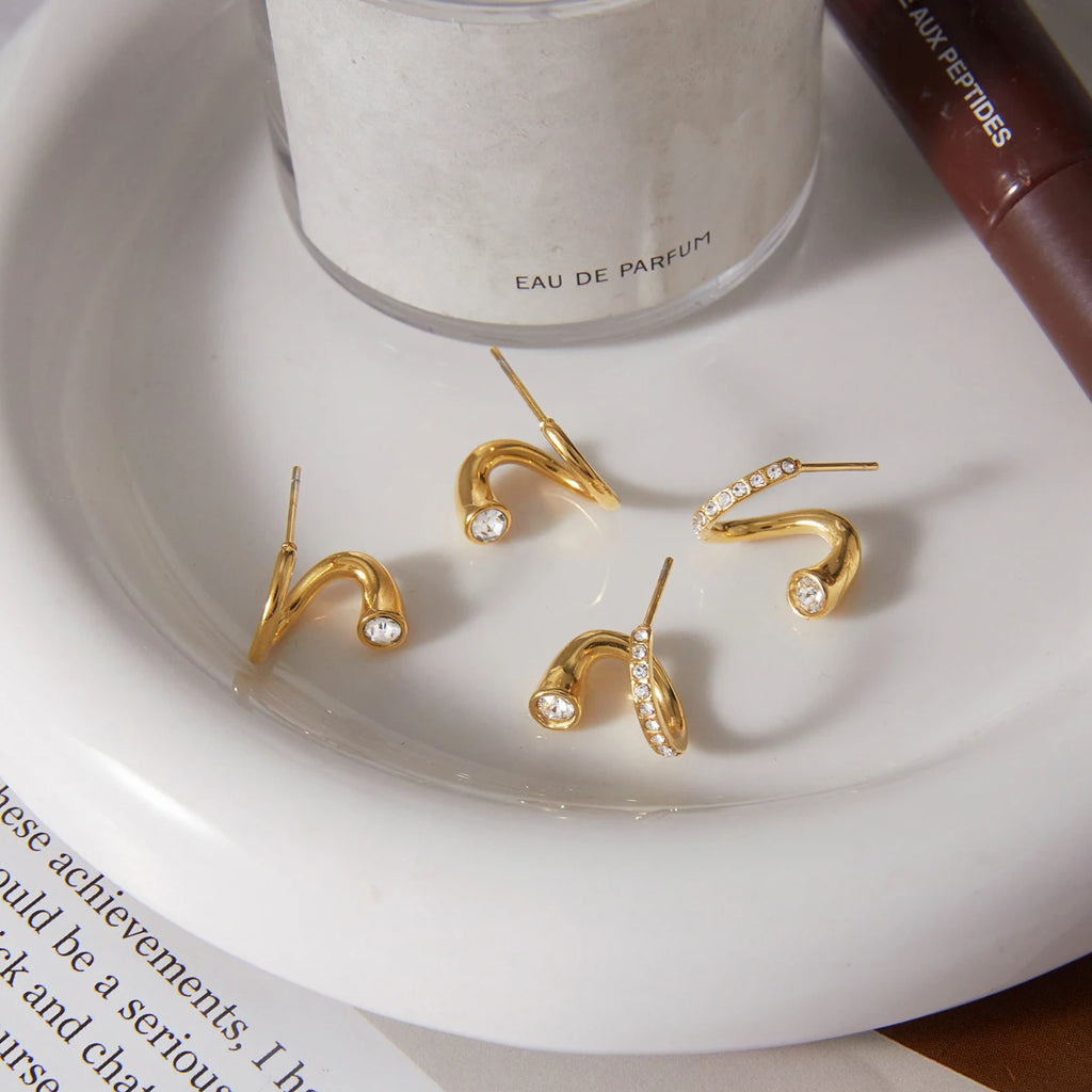 Kika  Geometric Wave Shape Stud Earrings Minimalist 18K Gold PVD Plated Stainless Steel 316L