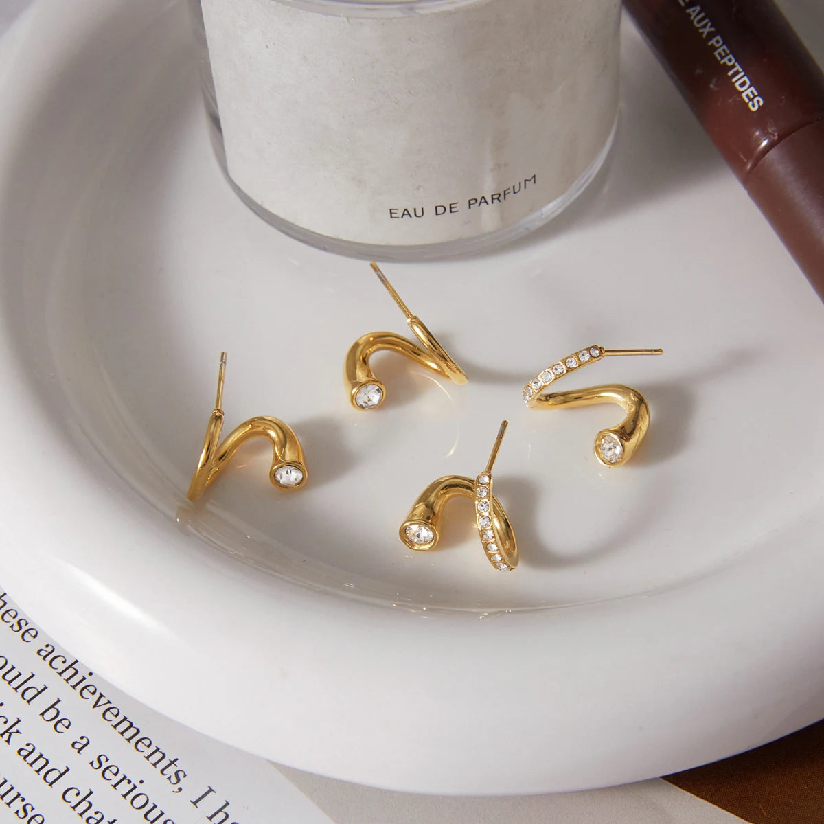Kika  Geometric Wave Shape Stud Earrings Minimalist 18K Gold PVD Plated Stainless Steel 316L