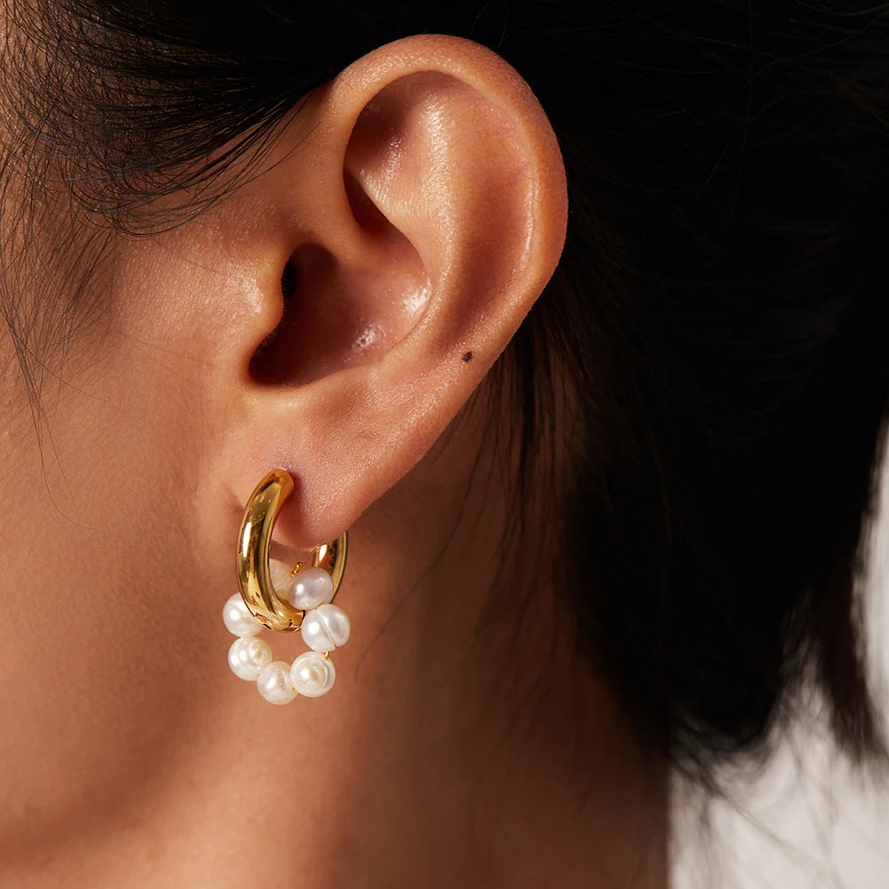 KIKA 316L Stainless Steel 316L Natural Pearl Hoop Earrings Trendy Metalic Golden Geometric