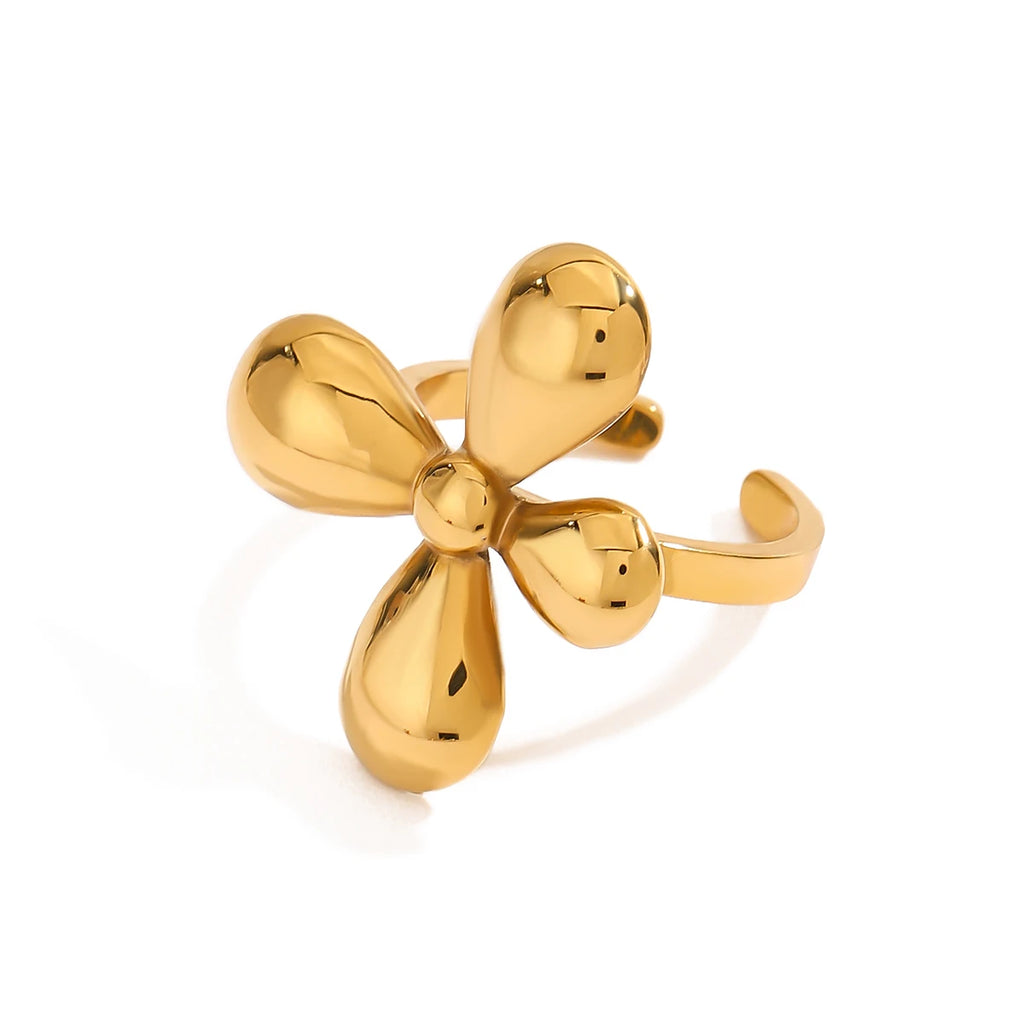 KIKA Fashion Four Petal Flower Adjustable Ring PVD Plated Stainless Steel 316L