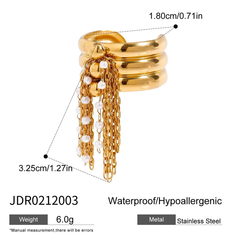 KIKA Classic Stainless Steel Tassel Ring With Three-layer Steel Ball Chain Tassel Opening Ring Stackable For Women's Accessori