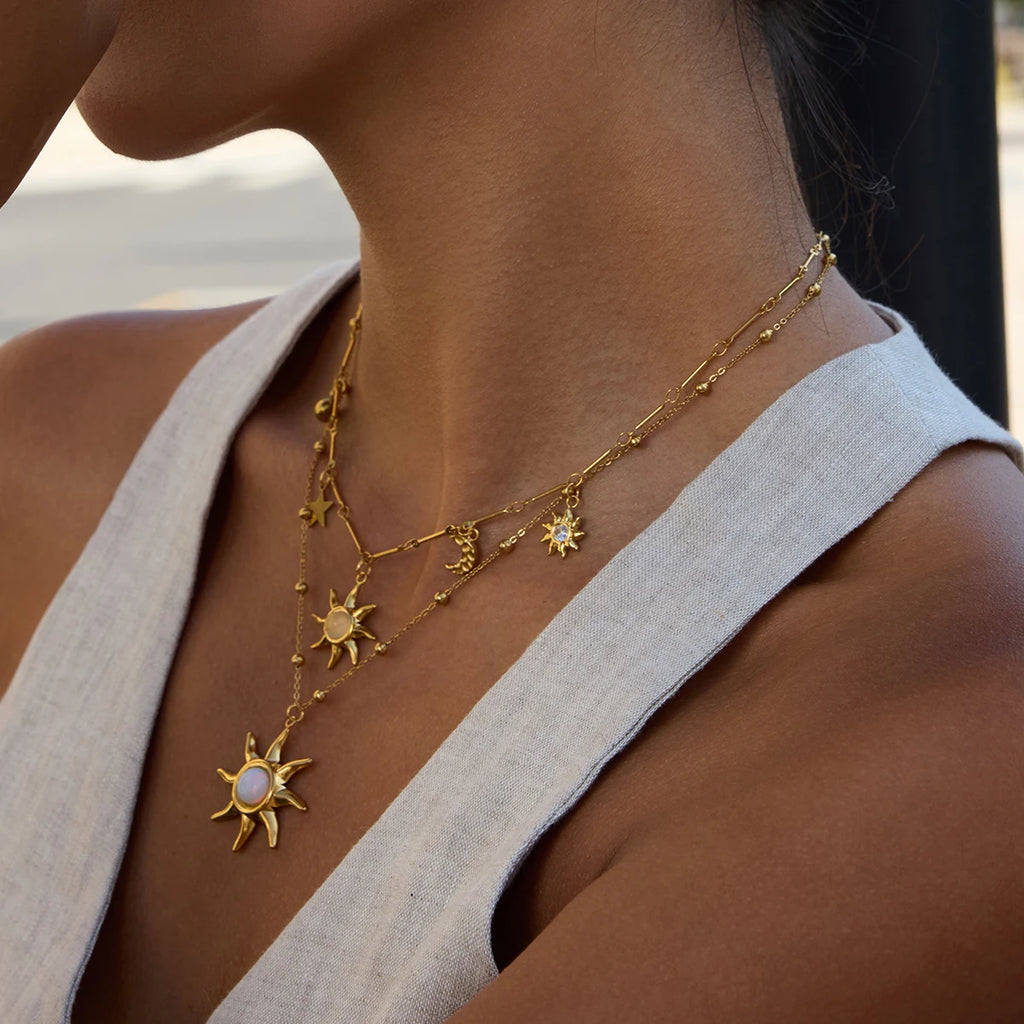 Kika  Designer Classic Opal Sun Pendant Bead Chain Necklace