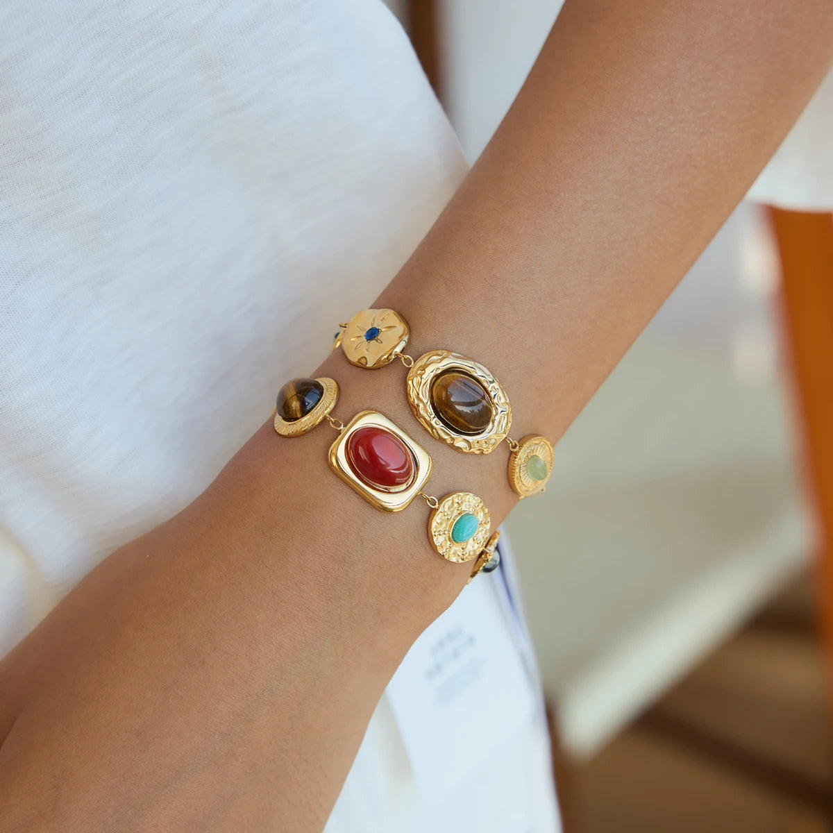KIKA Vintage Mixed Natural Stone Bracelet For Women Waterproof 18K Gold PVD Plated Stainless Steel Bracelet Fashion Jewelry