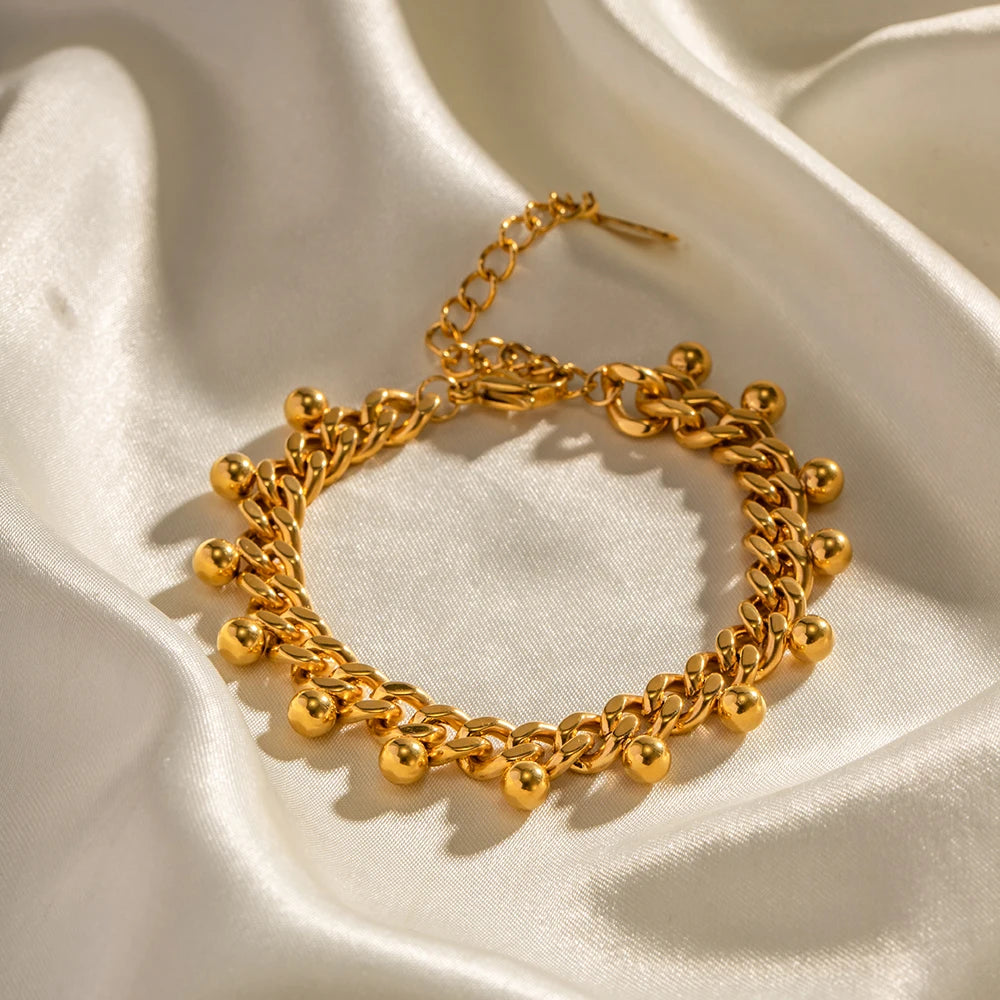 Kika INS 18K Gold Plated Plated Stainless Steel Jewelry Width Cuban Chain Bead Tassel Bracelet