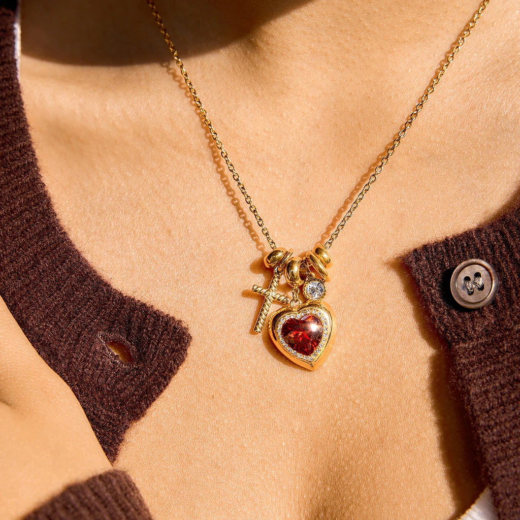 Classic Cross Red Zircon Heart Rhinestone Necklace