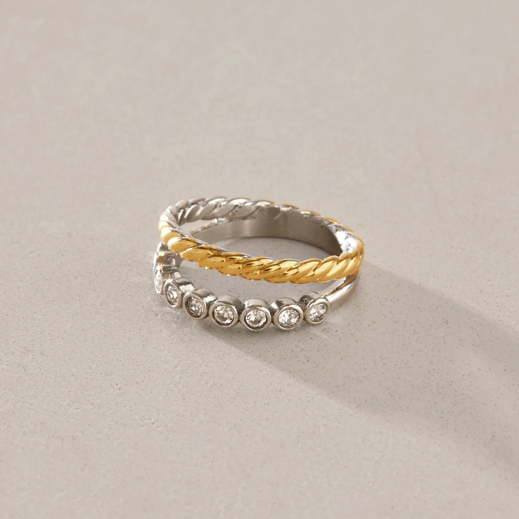 KIKA Delicate Zircon Mixed Color Double Layer Rings For Women 18K Gold PVD Plated Stainless Steel 316L