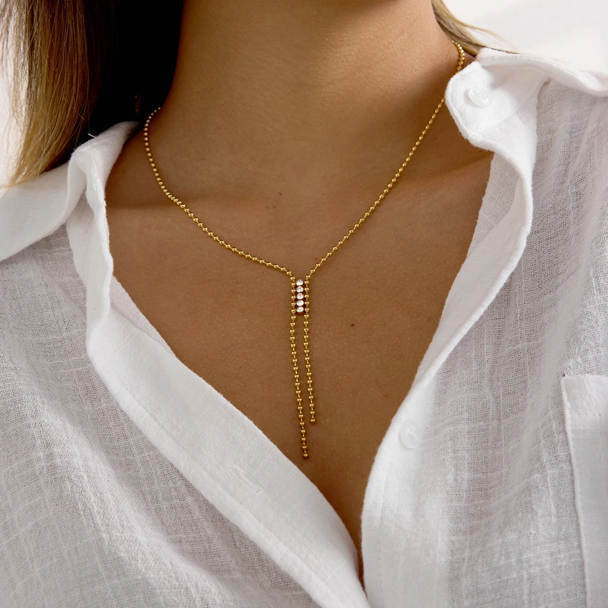 Kika Classic 18k White Rhinestone Bead Chain Y-shaped Chain Tassel Necklace