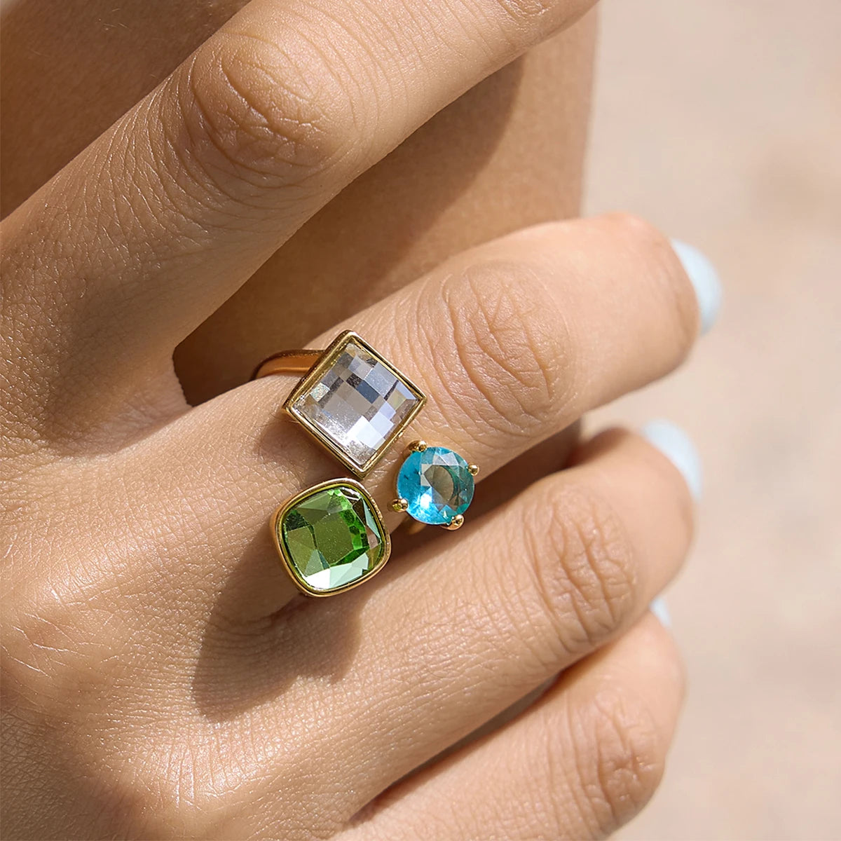 KIKA Delicate Square Yellow Blue White Spliced Zircons Open Ring PVD Plated Stainless Steel 316L