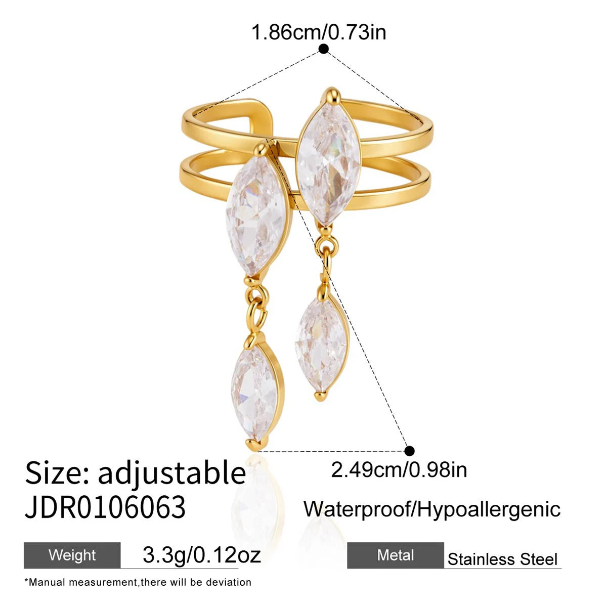 KIKA Horse Eye Shape Zircon Open Rings  18K Gold PVD Plated Stainless Steel 316L
