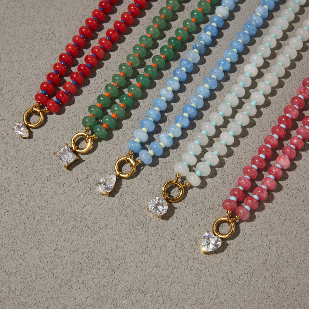 Kika Natural Stone Bead Chain Geometric Zircon Pendant Necklace