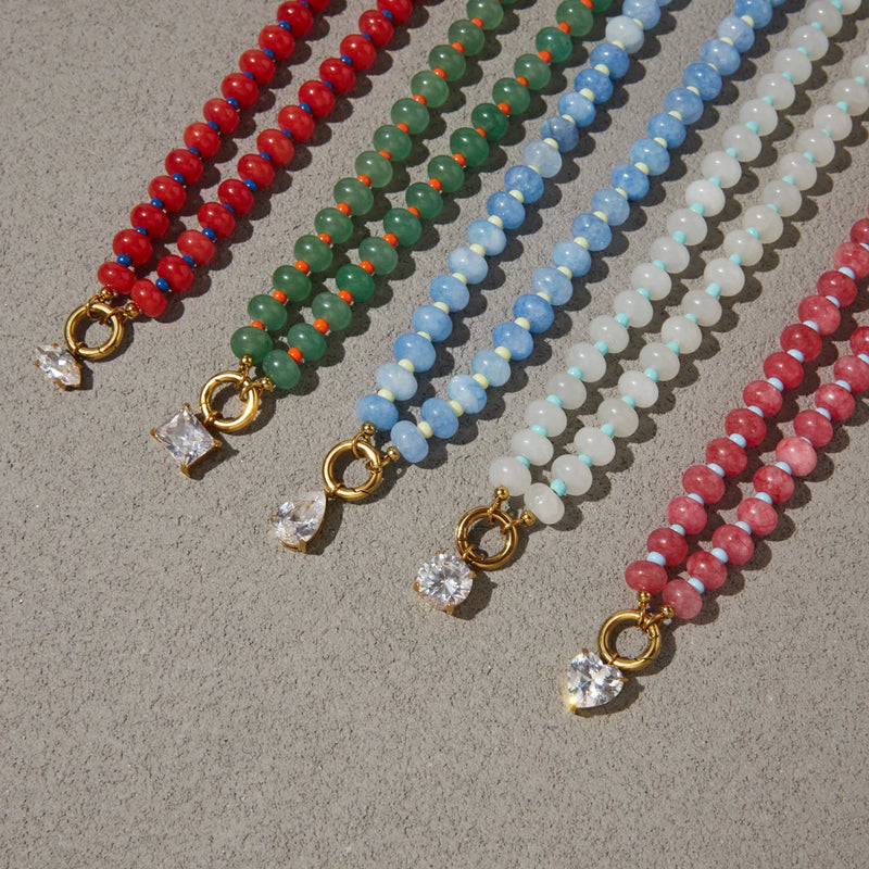 Kika Natural Stone Bead Chain Geometric Zircon Pendant Necklace