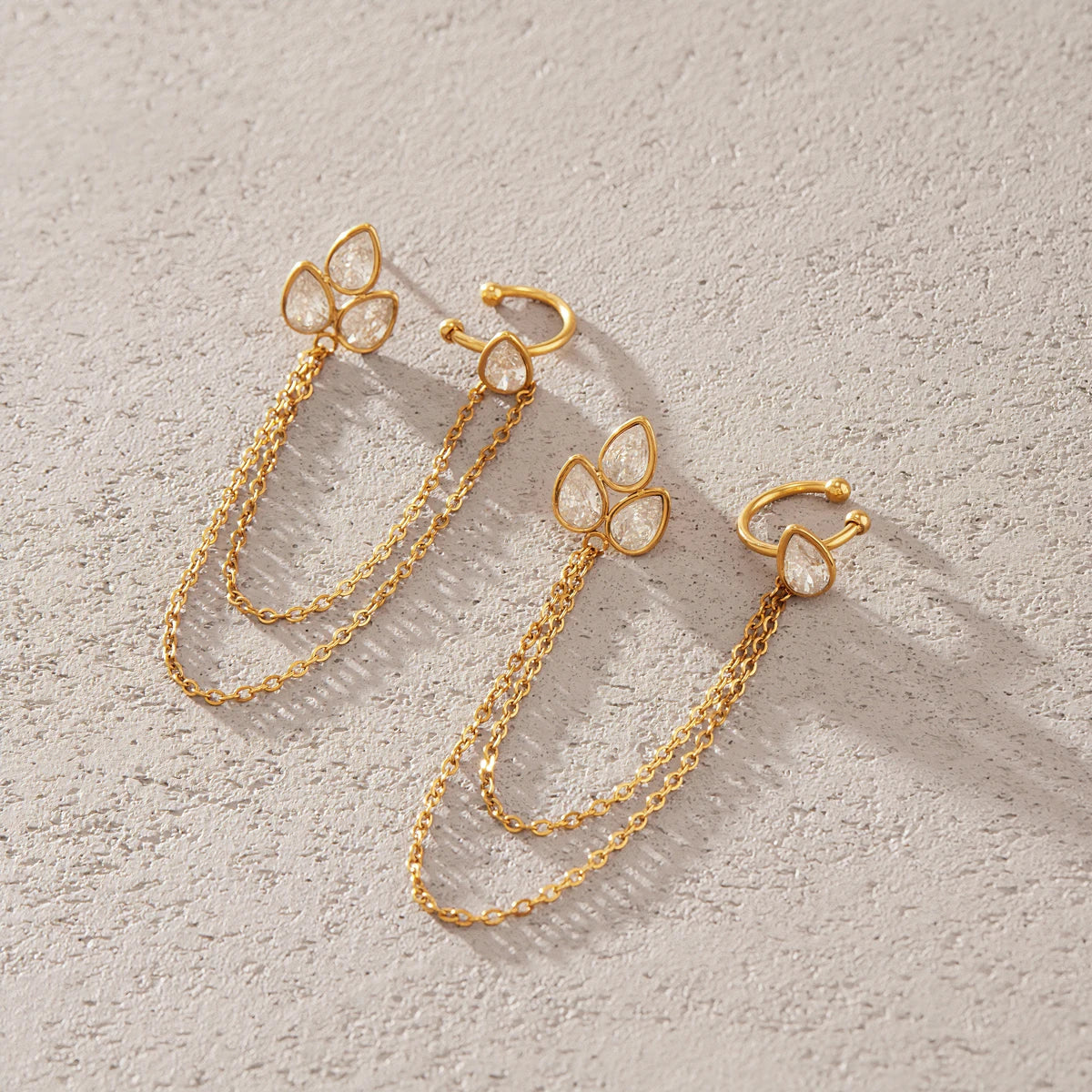 Kika Water Drop Zircon Chain Tassel Earrings 18K Gold PVD Plated Stainless Steel