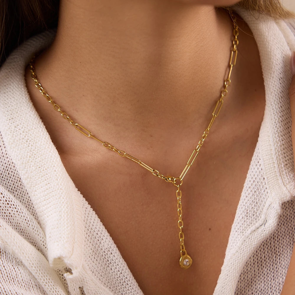 Kika Round Zircon Lock Pendant Y Shape Chain Necklace