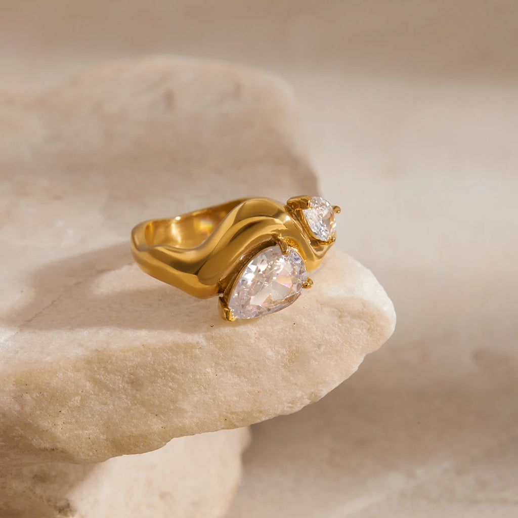 KIKA Minimalist Waterdrop Zircon Wave Ring PVD Plated Stainless Steel 316L