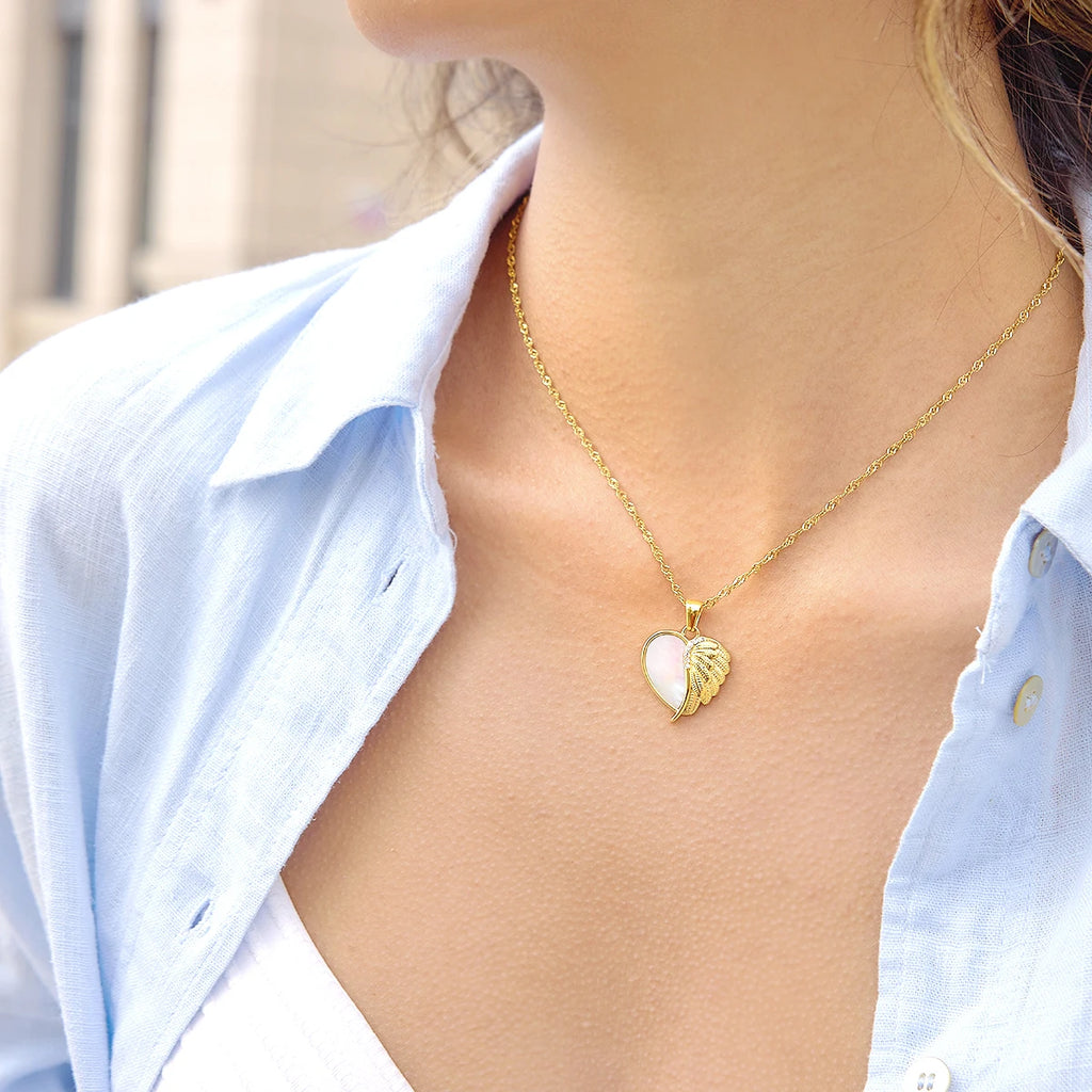 Kika Elegant White Shell Heart Wing Pendant Necklace