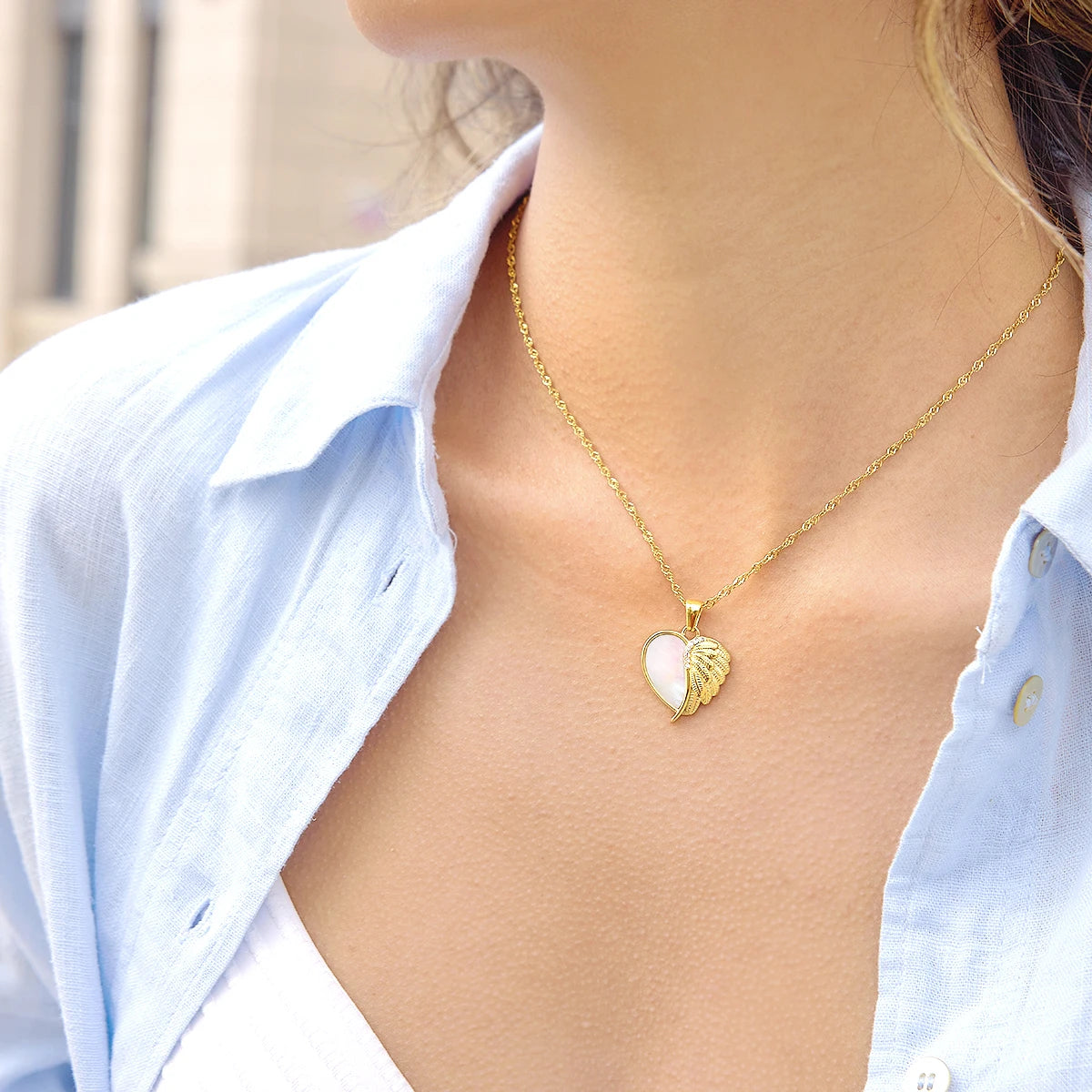 Kika Elegant White Shell Heart Wing Pendant Necklace
