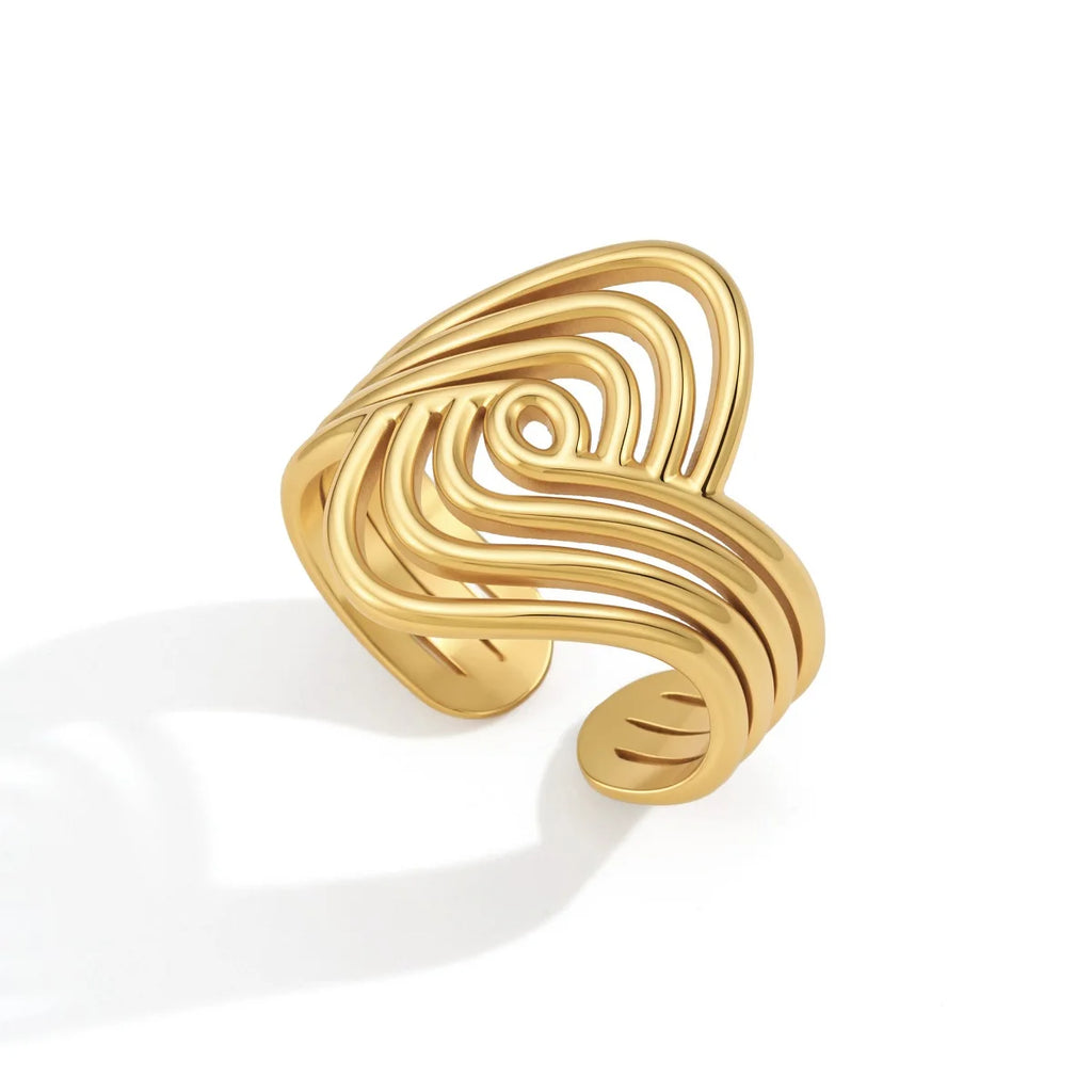 KIKA Classic Irregular Multi-Layer Hollow Linear Opening Ring PVD Gold Plated Stainless Steel 316L