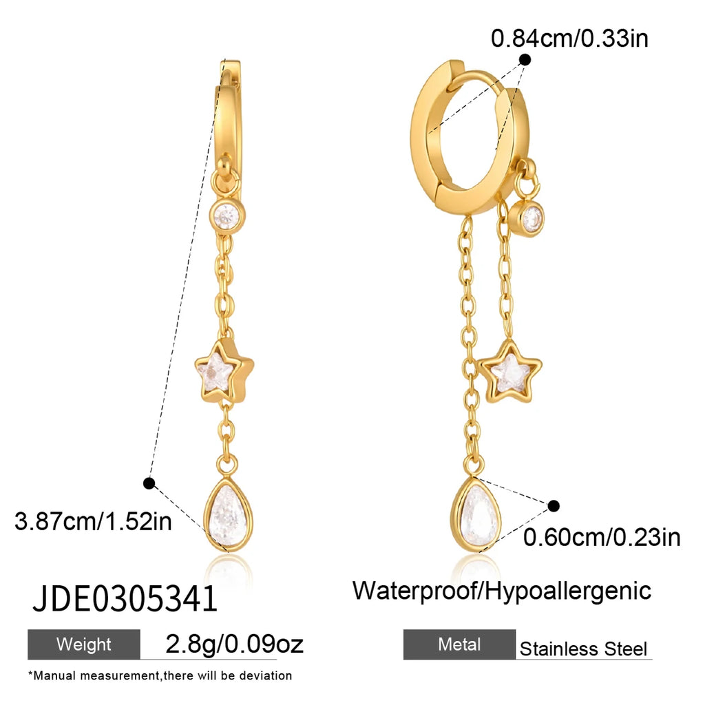 KIKA Round Star Water Drop Zircon Earrings  18K Gold Plated Stainless Steel 316L