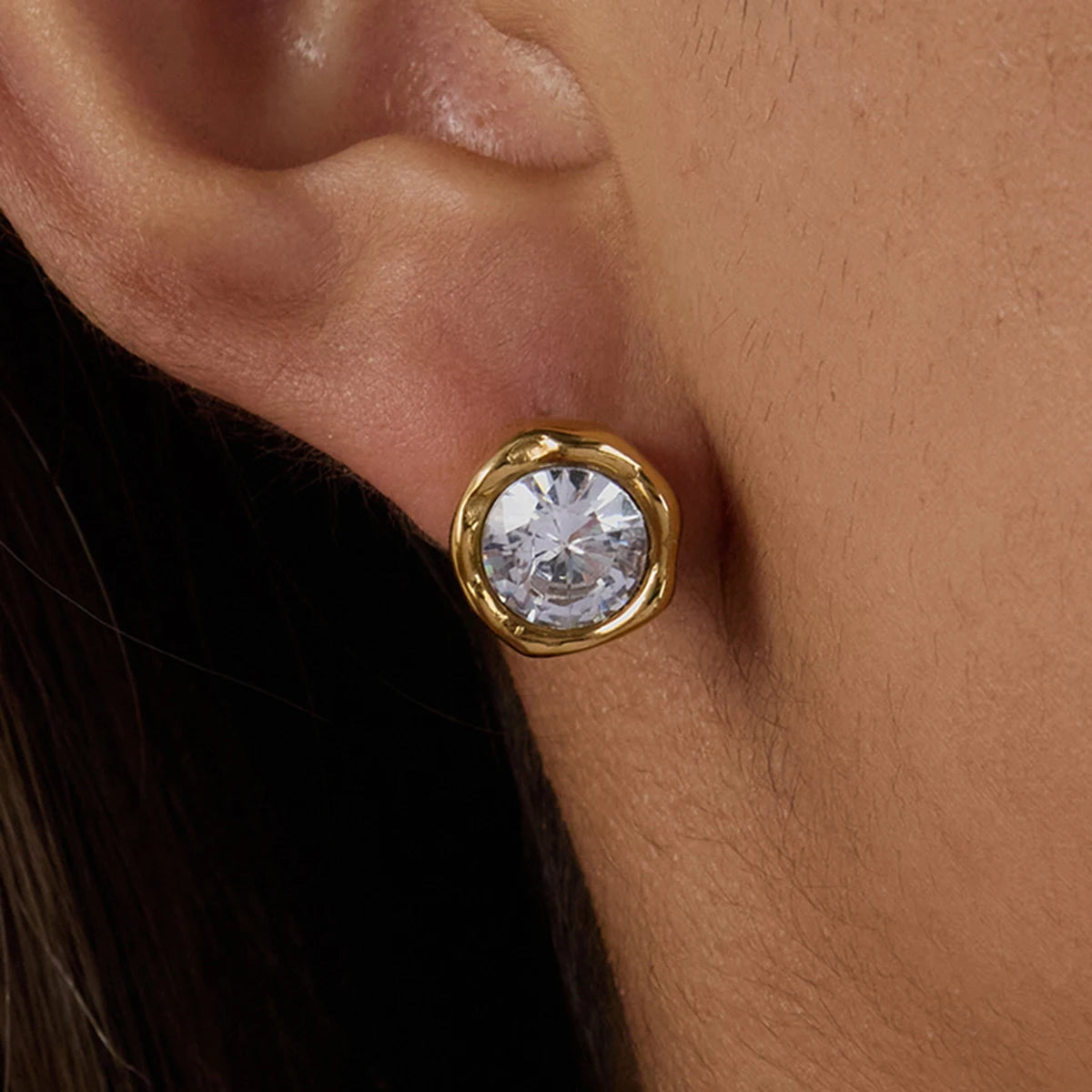 KIKA Simple Classic 18K Gold Color PVD Plated Stainless Steel 316L Round White Zircon Ear Studs