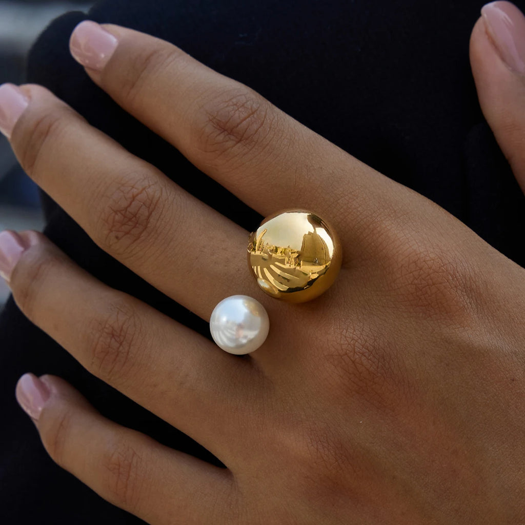 KIKA  Minimalist Classic 18K Gold Color PVD Plated Glass Pearl Asymmetric Spherical Ring Stainless Steel 316L Waterproof