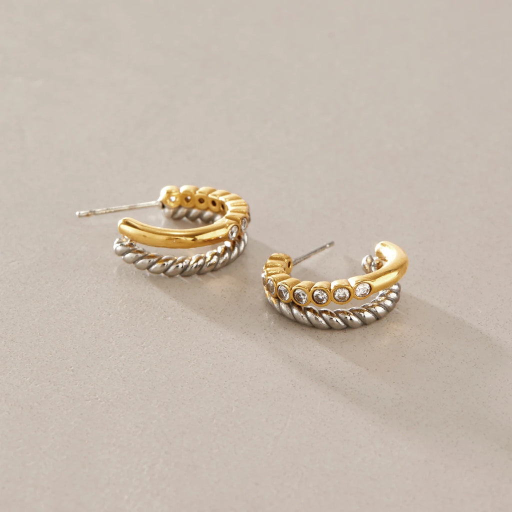 KIKA Delicate Zircon Mixed Color C Shape Stud Earrings For Women 18K Gold PVD Plated Stainless Steel 316L