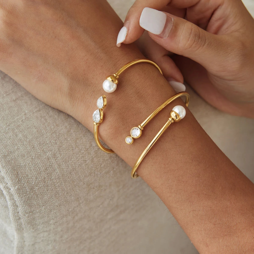 KIKA Imitation Pearl Geometric Zircon Soft Hollow Tube Cuff Bracelet For Women 18K Gold Plated Stainless Steel Bangle Jewelry