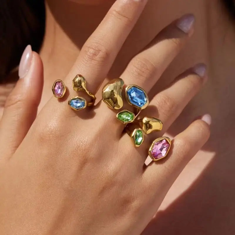 Kika Elegant Multicolor Glass Stone Geometric Open Rings 18K Gold Plated Stainless Steel 316L