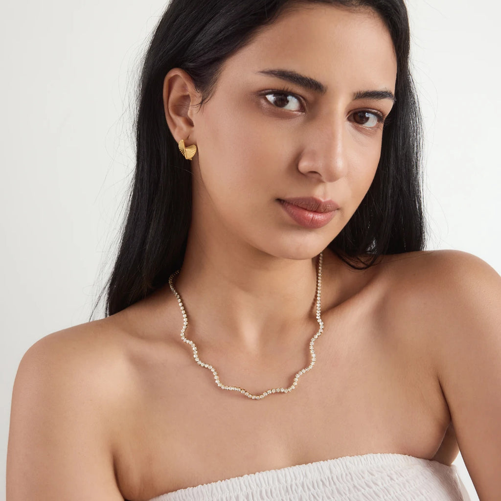 KIKA Classic Crystal Tennis Chain Wave Shape Necklace For Women 18K Gold PVD Plated Stainless Steel Necklace Fashion Jewelry