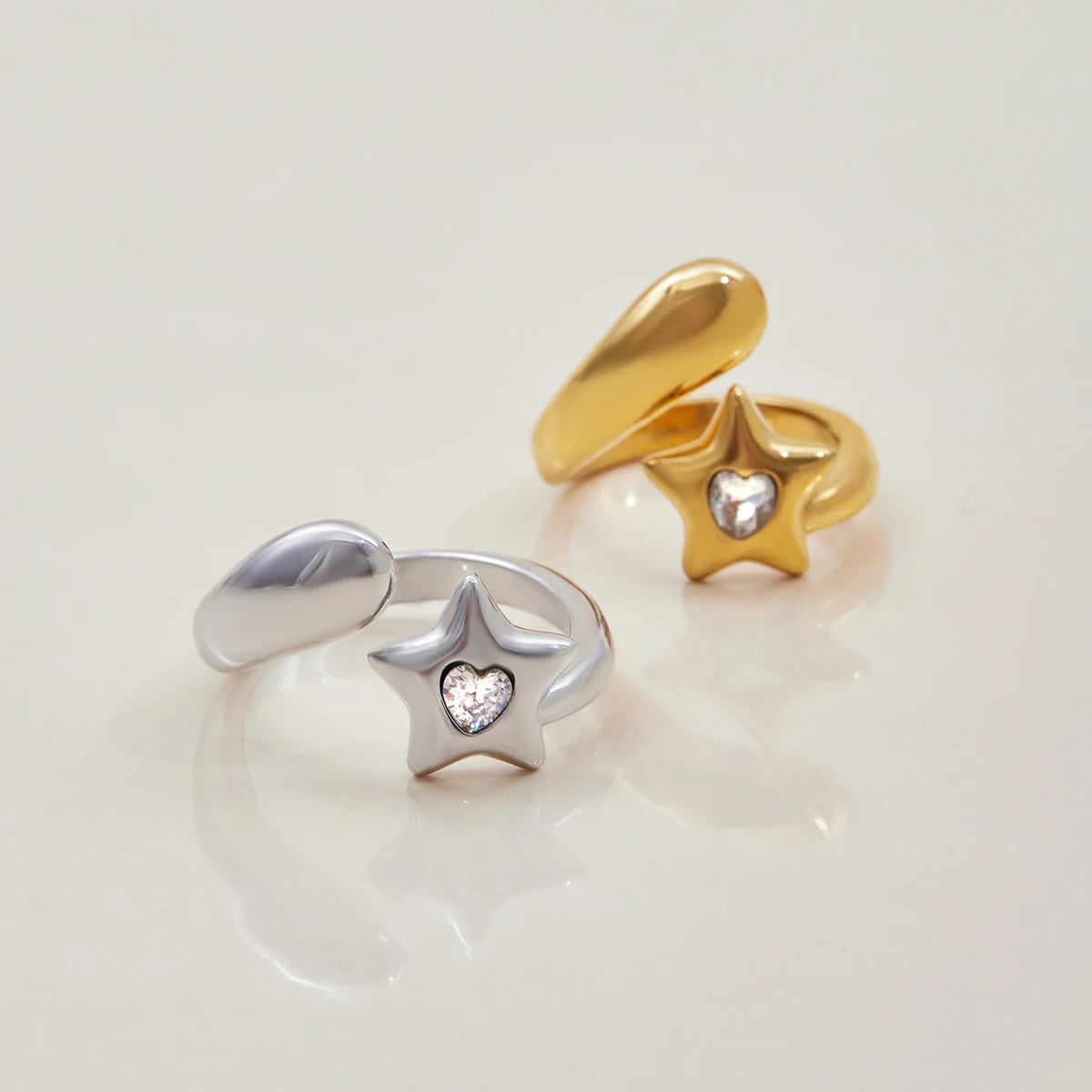 Kika Designer's 18K Gold Color Plated Stainless Steel Heart-Shaped Rhinestone Pentagram Ring